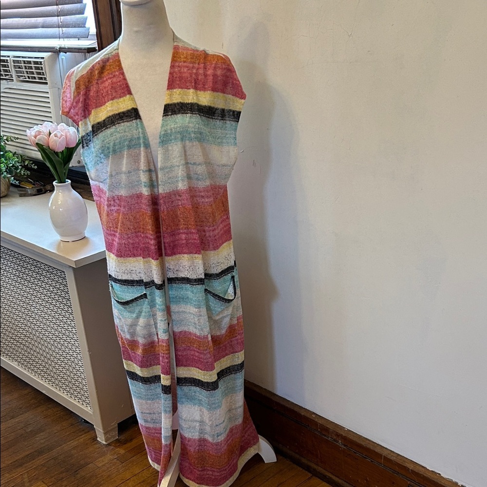Tribals Striped Multicolor Open Front Maxi Cardigan Size L EUC
